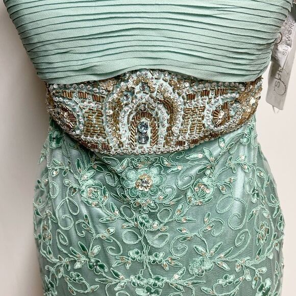 NWT Sue Wong Antique Aqua Sheath Dress w/ Floral Appliques & Beaded Waist Sz 12 - Picture 2 of 4